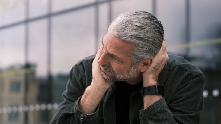 En man sitter ensam på en yttertrappa med hakan i handen och ser bekymrad ut.